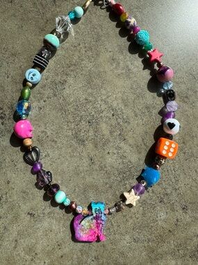 Colorful Cat Beaded Necklace with Skulls and Dice